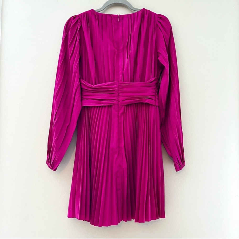 Anthropologie Aureta Pleated Long-Sleeve V Neck Midi Dress Raspberry Sz S NEW - Picture 6 of 11